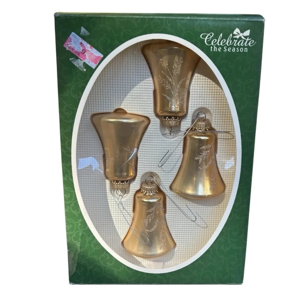4 bell ornaments Christmas by Krebs Ornaments Glass bell Shaped sparkly - Picture 1 of 3